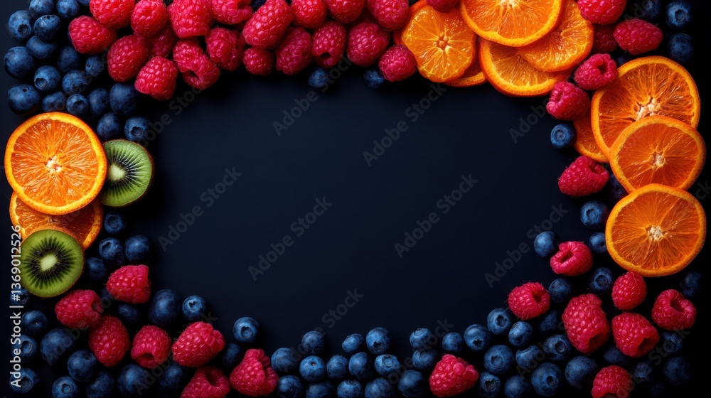 A creative food composition featuring a colorful array of fresh fruits, including raspberries, orange slices, blueberries, and kiwi. A creative food composition featuring a colorful array of fresh fruits, including raspberries, orange slices, blueberries, and kiwi.