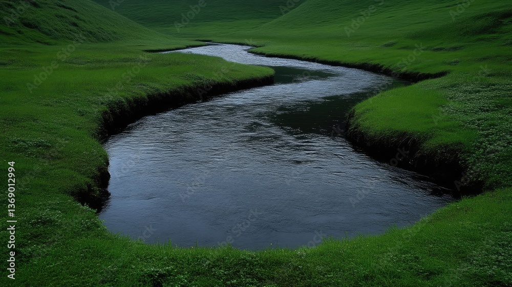 Serene river winding through lush green meadow. A tranquil, meandering stream flows through a vibrant, grassy valley. Dark, still water mirrors the surrounding landscape Serene river winding through lush green meadow. A tranquil, meandering stream flows through a vibrant, grassy valley. Dark, still water mirrors the surrounding landscape