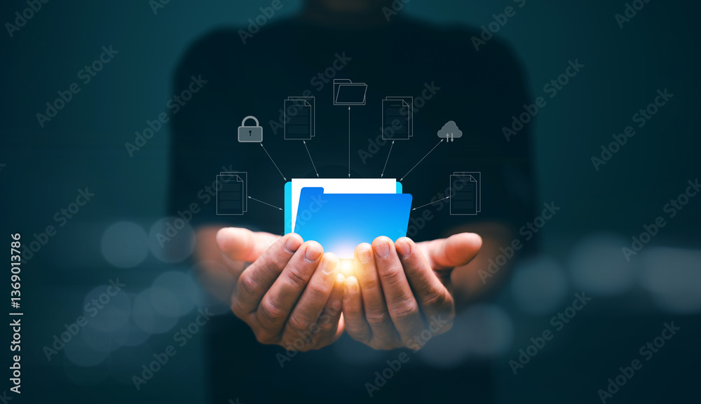 Document management system (DMS) concept, Hands holding file folder on virtual screen, Online documentation database and process to efficiently manage files, Managing corporate files.