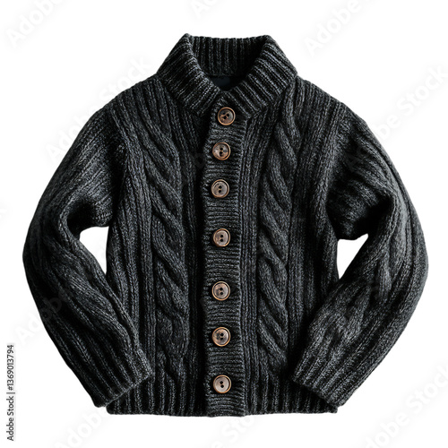 Chunky Wool Cardigan in Dark Grey with Cable Knit and Buttons Isolated on Transparent Background