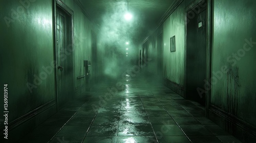 Spooky Horror Hospital Hallway with Fog and Dark Interior Photo