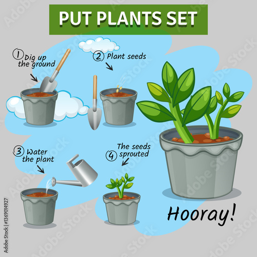 Instructions for planting and growing healthy plants with pots, water and seeds, realistic icon set