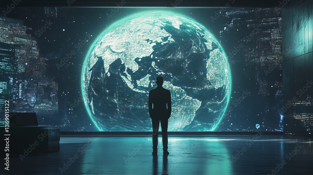 Fototapeta premium Global business strategy concept, businessman looking at earth hologram, future technology, innovation, ai, big data