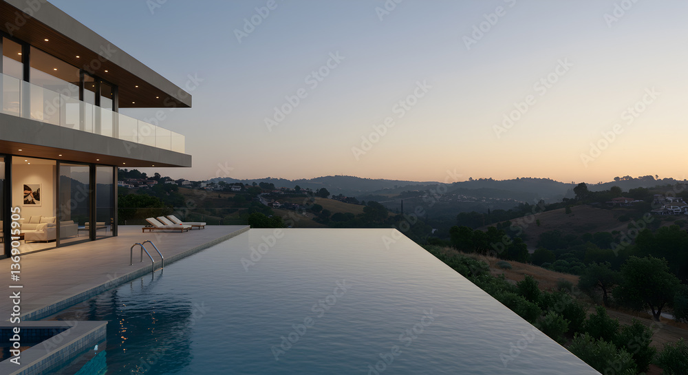 Fototapeta premium Contemporary luxury home with infinity pool overlooking scenic suburban valley