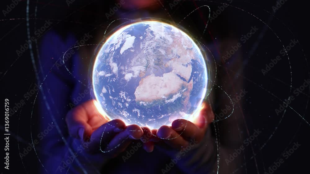 Person holding a glowing digital globe in their hands.