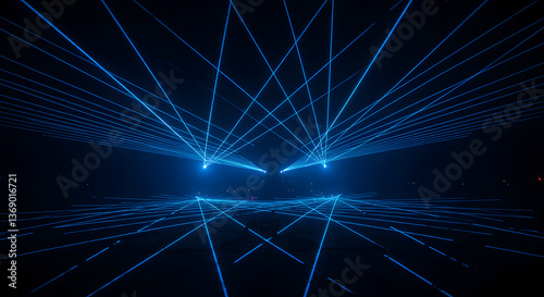 Abstract neon blue laser beams converging in a dark space for futuristic concept