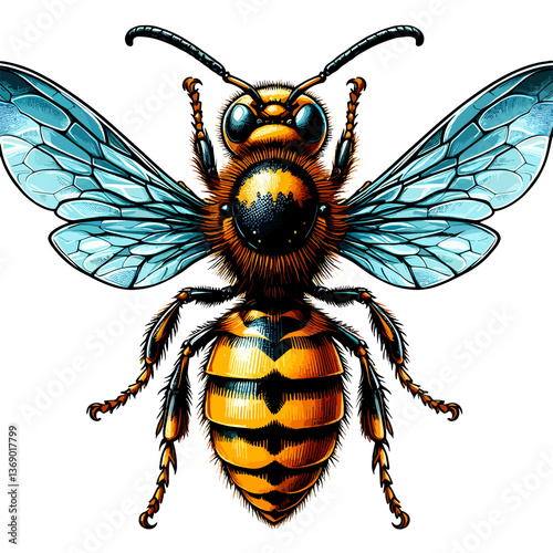 A drawing of a yellow and black bee with its wings spread out
