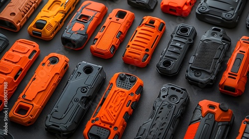 Rugged phone cases arranged on dark surface