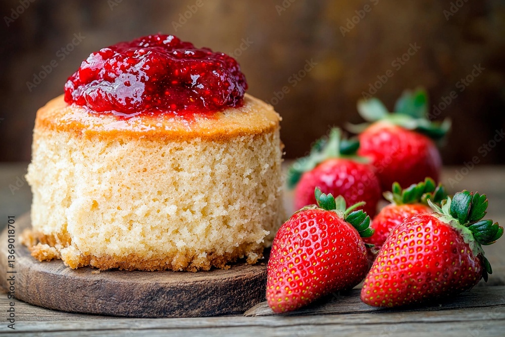 A moist cake sits on a wooden board, adorned with a generous layer of strawberry jam. Nearby, ripe red strawberries add a vibrant touch to the appetizing display A moist cake sits on a wooden board, adorned with a generous layer of strawberry jam. Nearby, ripe red strawberries add a vibrant touch to the appetizing display