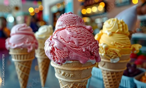 People celebrating National Ice Cream Month, August, enjoying various flavors, ice cream parlor, hot summer day