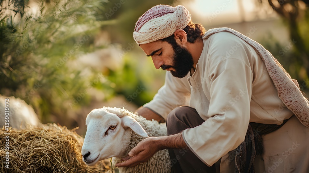 Shepherd tending sheep in desert pasture Shepherd tending sheep in desert pasture