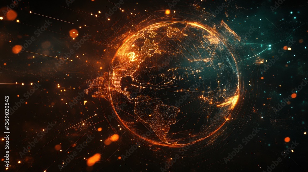 Futuristic Digital Earth Globe with Glowing Lines and Particles in Deep Space, Cosmic Background, Technological Visualization of Global Connections and Networking Patterns Futuristic Digital Earth Globe with Glowing Lines and Particles in Deep Space, Cosmic Background, Technological Visualization of Global Connections and Networking Patterns