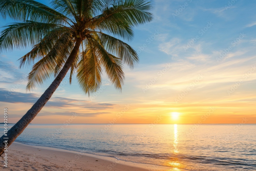 Fototapeta premium Palm tree is standing on a beach with the sun setting in the background