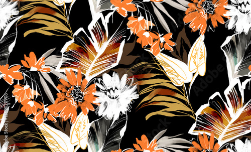 Seamless tropical pattern with strelitzia. Textile print pattern. Exotic leaves pattern
