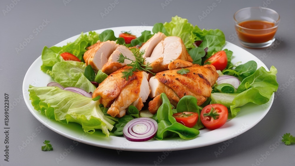 A top-down view of a plate featuring sliced grilled chicken breast atop a vibrant salad. A top-down view of a plate featuring sliced grilled chicken breast atop a vibrant salad.