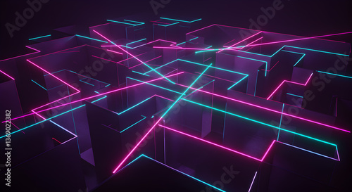 Abstract maze of neon laser lines reflecting in a mirrored structure