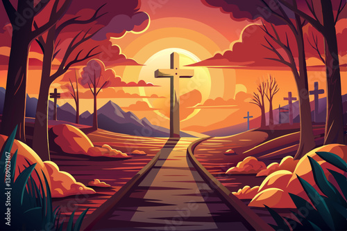 vector of Path to hope and salvation leading to the cross at sunset
