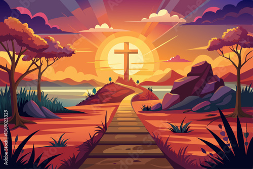 vector of Path to hope and salvation leading to the cross at sunset