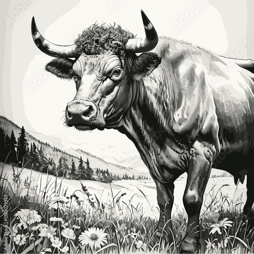 cow grazing in an alpine meadow, with mountains, a farmhouse, and wildflowers in the background, drawn in an engraved style sketch engraving generative ai