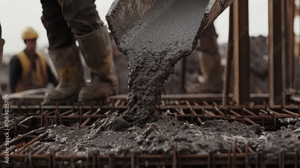 Obraz premium Pouring concrete foundation construction site worker building cement mix industrial architecture design job