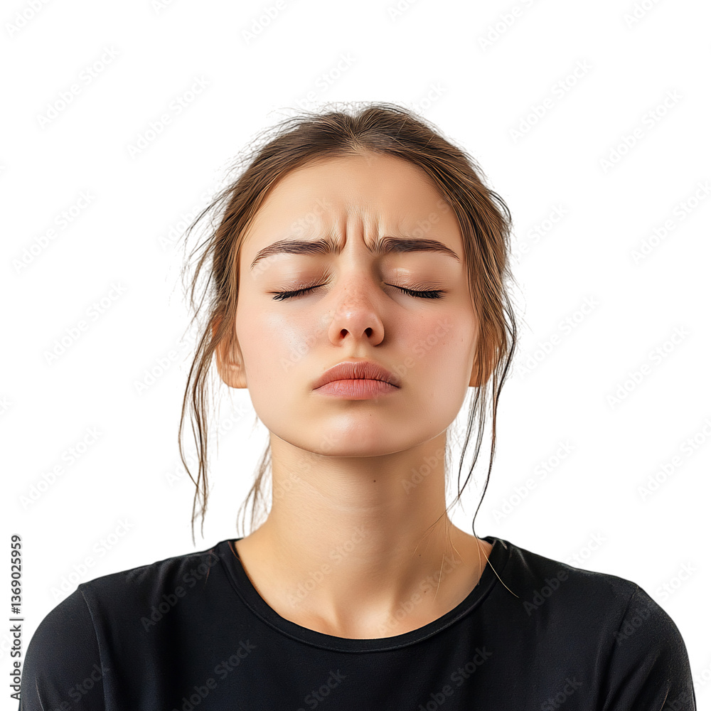 Tired Woman with Closed Eyes and Folded Hands Isolated on Transparent Background Tired Woman with Closed Eyes and Folded Hands Isolated on Transparent Background