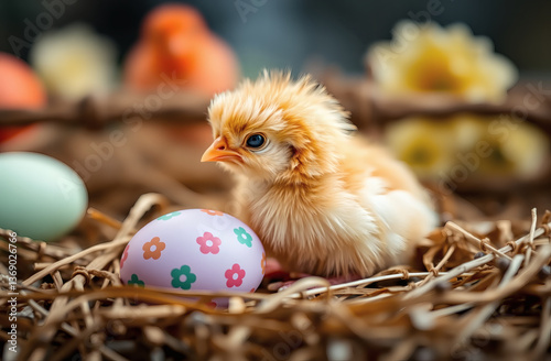 Adorable Baby Chick with Pastel Easter Egg in Spring Setting
