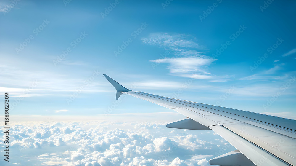 Obraz premium Airplane Wing Over Fluffy Cloudscape