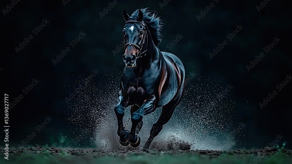 Naklejka premium Majestic Black Stallion in Motion: A Nighttime Equestrian Masterpiece