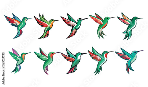 abstract colorful hummingbird colibri bird logo line outline monoline vector icon illustration set
