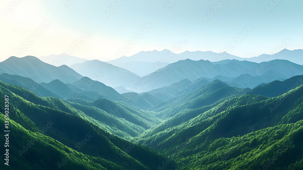 Fototapeta premium Digital Art Landscape Of Green Mountains Under Soft Sunlight