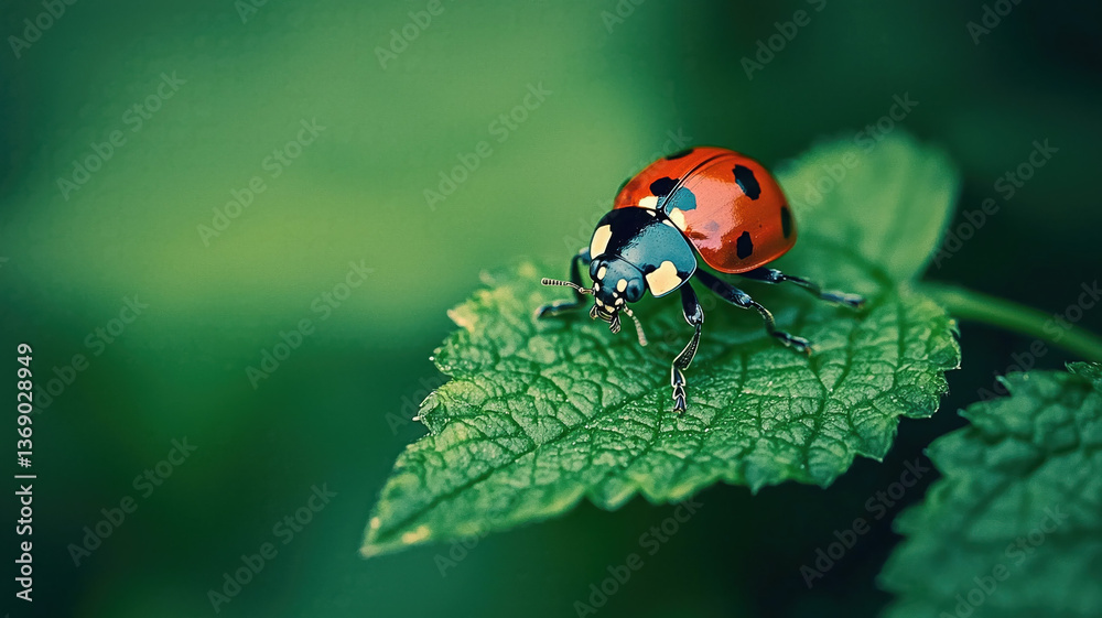 Naklejka premium vibrant ladybug perched on green leaf, showcasing its striking red and black colors in serene natural setting