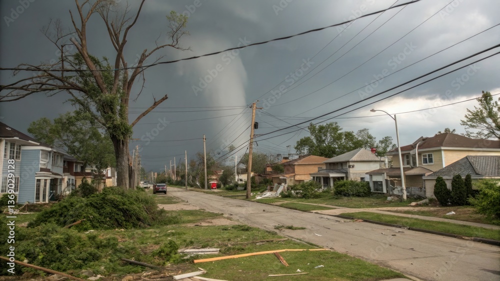 Naklejka premium A massive tornado descends upon a residential neighborhood, the sky is a swirling mass of ominous clouds, creating a scene of both natural power and potential destruction.