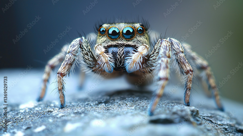 Curious jumping spider with striking blue eyes and detailed fur, showcasing its unique features in macro shot
