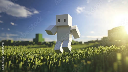 A Three-Dimensional Block Character Enjoying a Sunny Day in a Pixelated Landscape Filled with Green Grass and Bright Skies