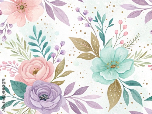 This seamless watercolor floral pattern features a collection of delicate roses, blossoms, and greenery in pastel pinks, purples, and mint greens.