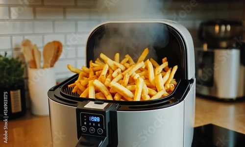 Air fryer filled with golden crispy fries, steam rising, modern kitchen setting with utensils and decor