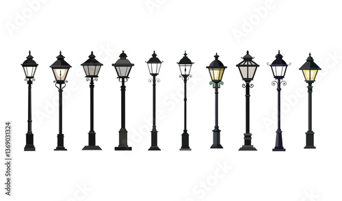 street lamp silhouette set, old post lamps silhouette vector