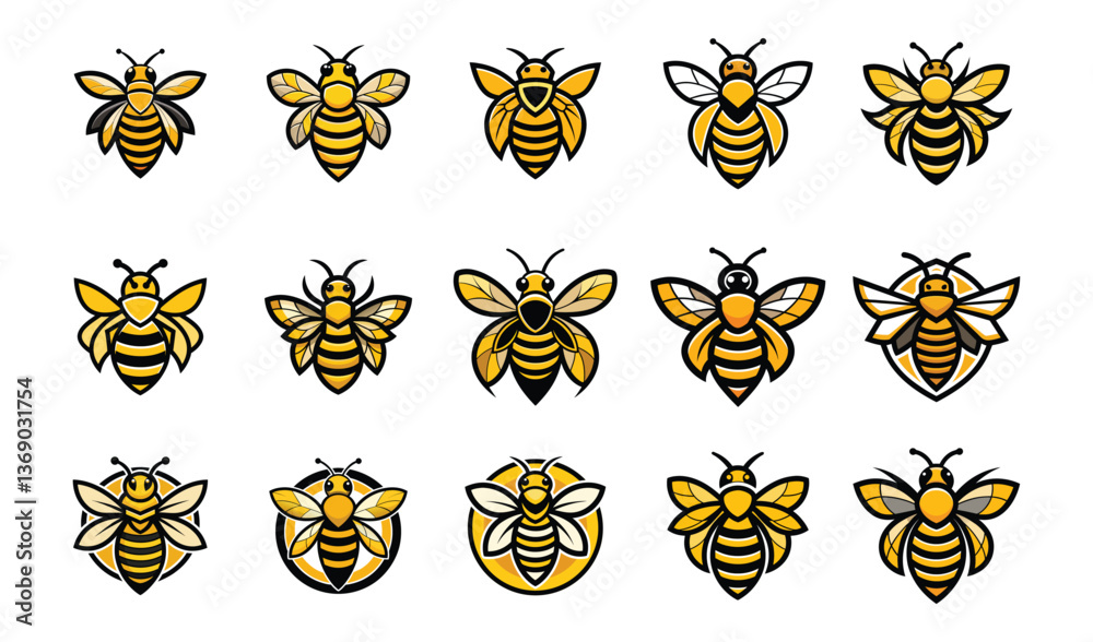 Fototapeta premium Bee silhouette black vector flat illustration. Honey Bee icon, honey bee silhouette on white background. black and white, silhouette bee collection. Vector illustration for drawing set