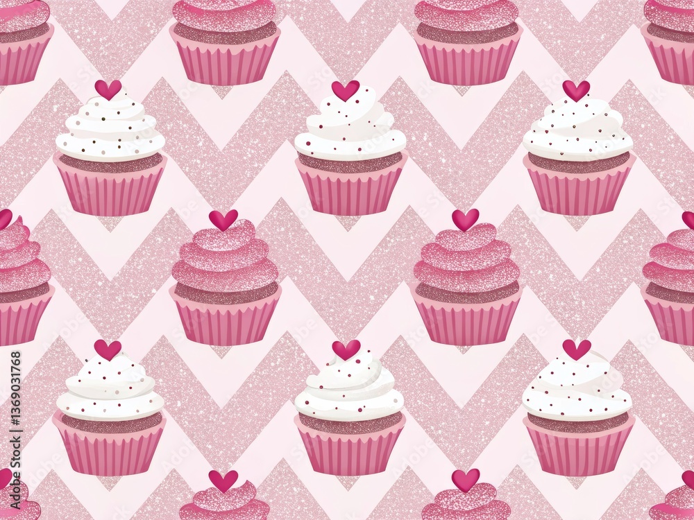 Charming pink cupcake pattern with glitter and hearts. Charming pink cupcake pattern with glitter and hearts.