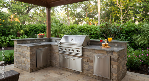 Luxurious outdoor kitchen with built-in grill and bar area amidst lush greenery