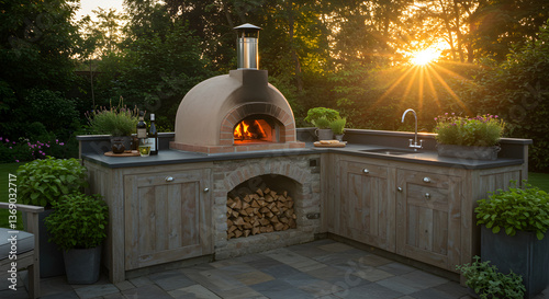 Elegant outdoor kitchen with wood-fired pizza oven at sunset in a lush garden