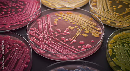 Vibrant microbial growth patterns on petri dishes offer abstract scientific art