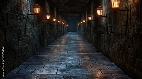 Mysterious Stone Corridor: A Dark and Enigmatic Passage Illuminated by Glowing Lanterns