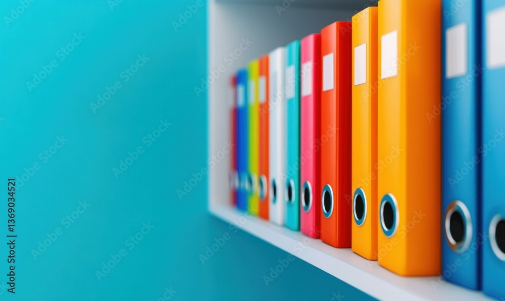 Obraz premium A collection of vibrant ring binders lined up on a shelf shows organized documentation.