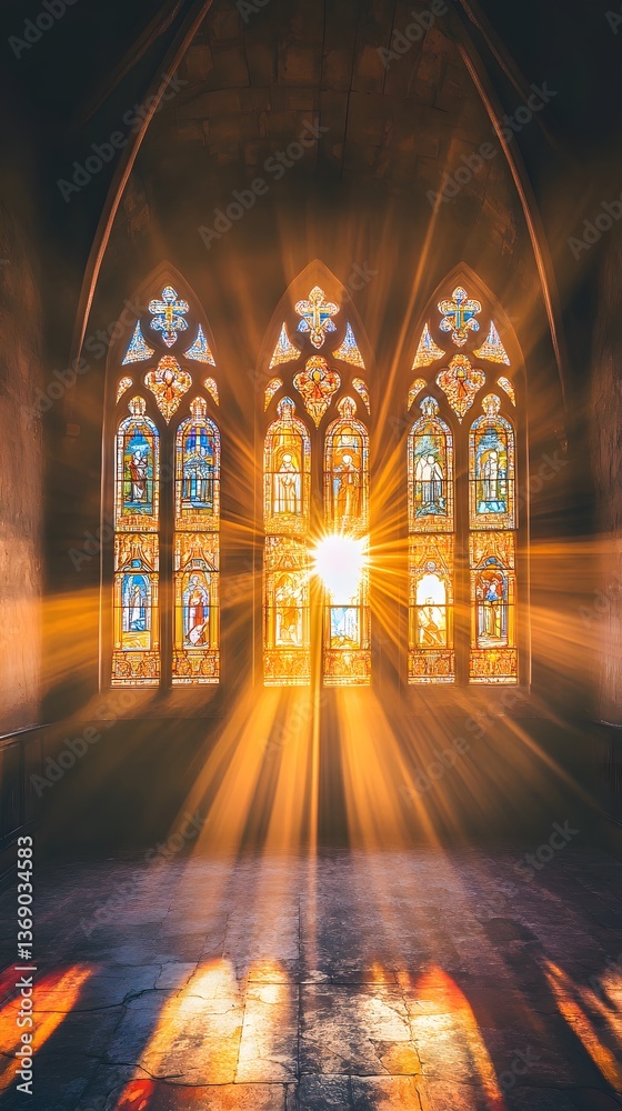 Obraz premium Sunlight Streams Through Stained Glass Windows in a Cathedral