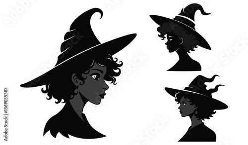 Silhouette of a young black witch with hat