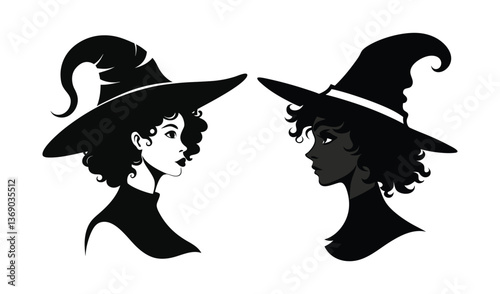 A black vector illustration shows a cartoon silhouette of a beautiful woman with wings, like a witch or fairy, perhaps for Halloween
