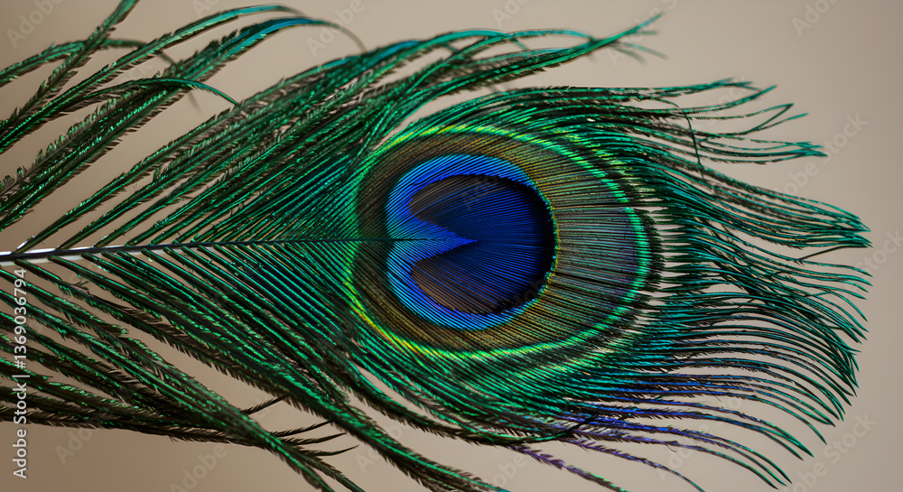 Fototapeta premium Intricate iridescence: Detailed close-up of a vibrant peacock feather structure