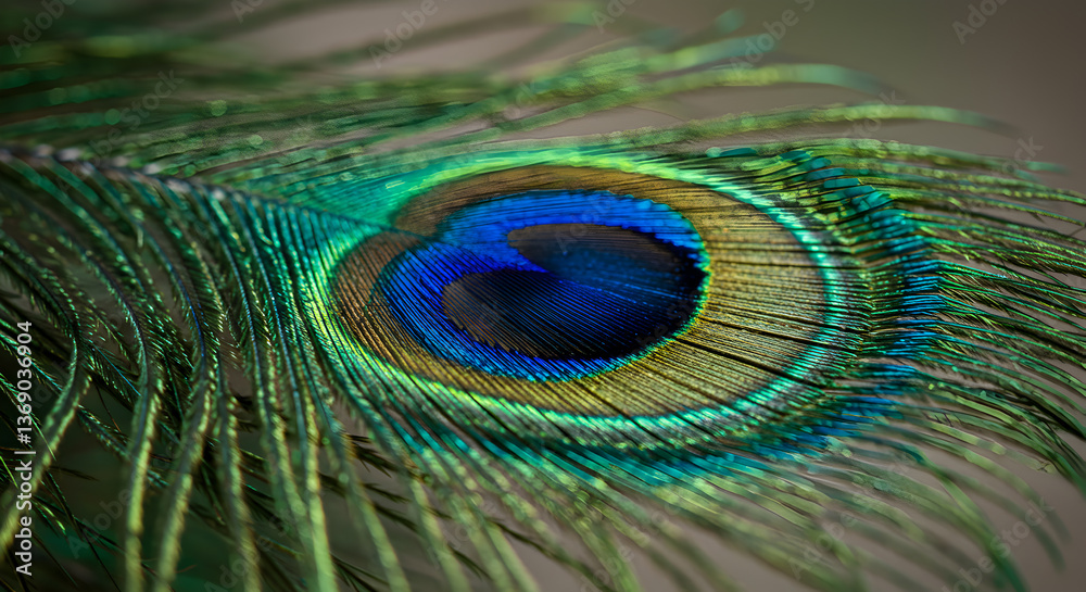 Fototapeta premium Detailed macro showcasing the iridescent beauty of a vibrant peacock feather