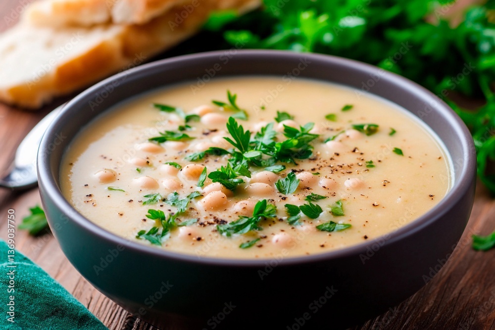 A bowl of creamy soup is garnished with fresh parsley and served alongside slices of bread. The warm and inviting dish is perfect for a cozy meal at home A bowl of creamy soup is garnished with fresh parsley and served alongside slices of bread. The warm and inviting dish is perfect for a cozy meal at home